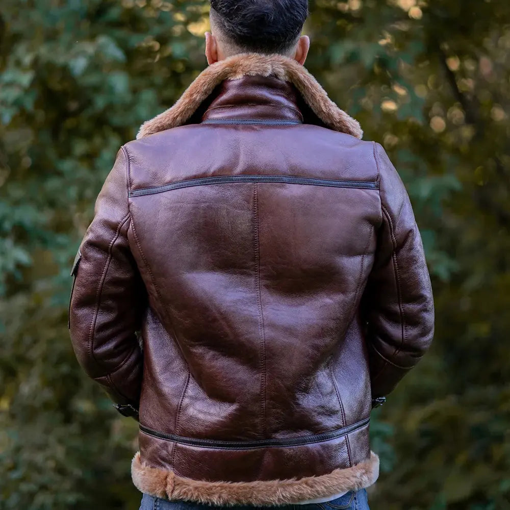 Esa Brown Bomber Sheepskin Shearling Jacket with large pockets