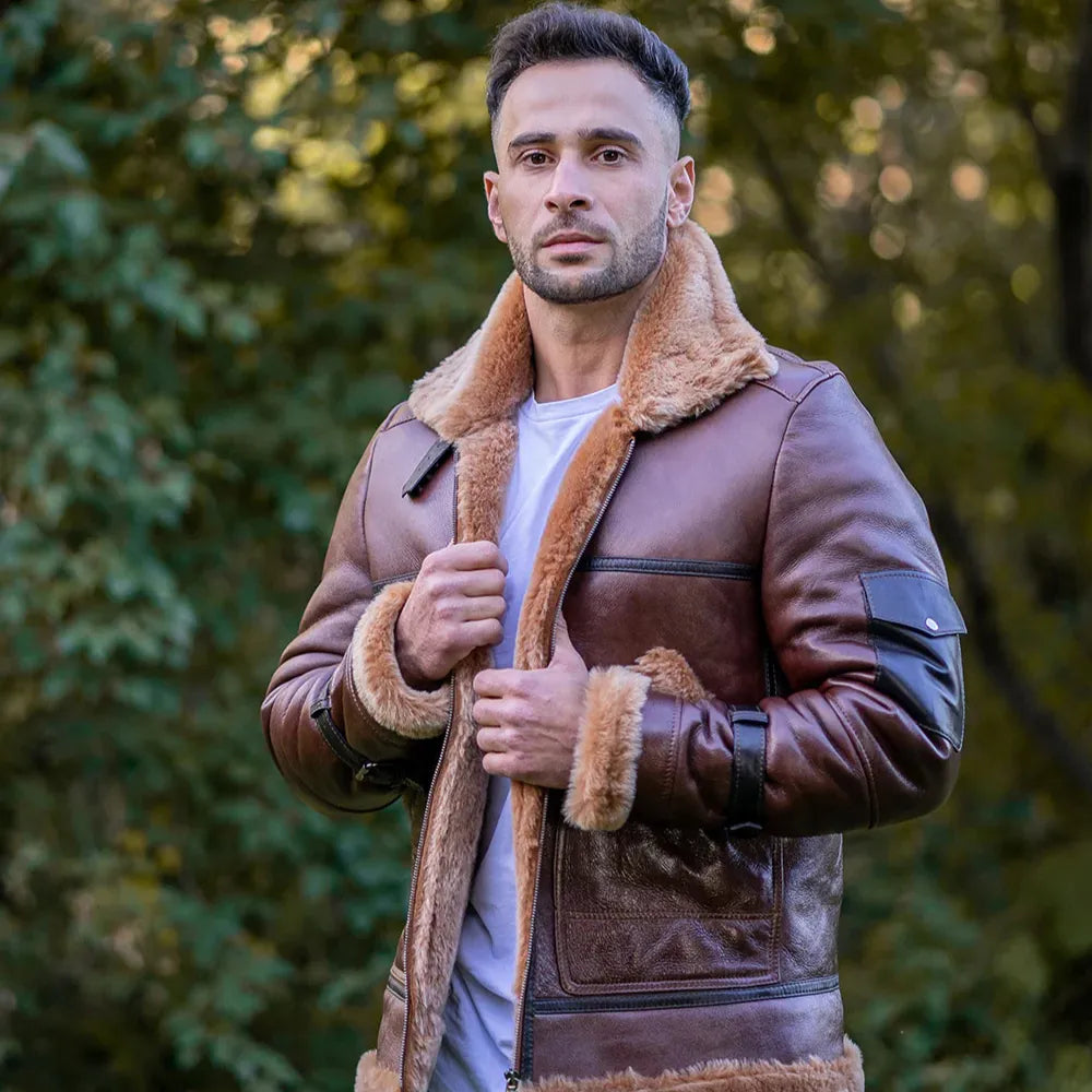 Esa Brown Bomber Sheepskin Shearling Jacket with large pockets