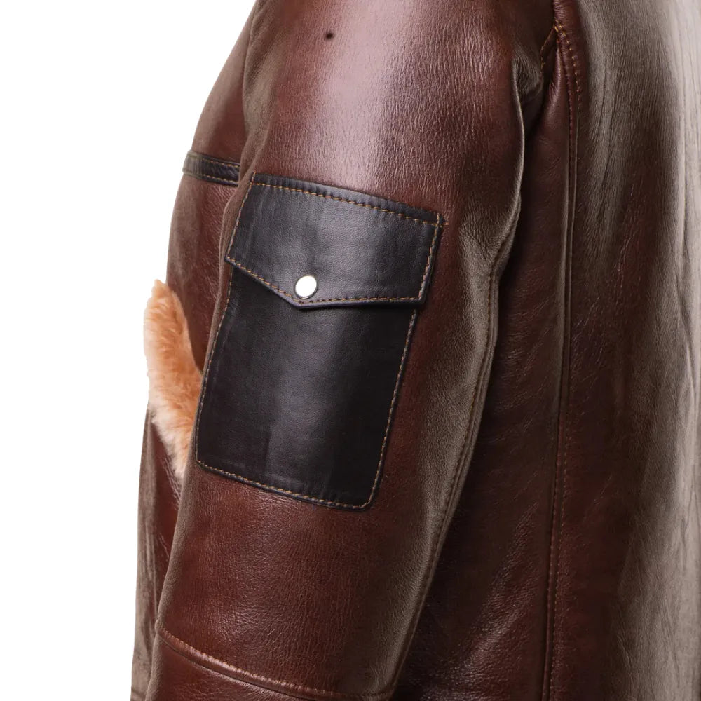Esa Brown Bomber Sheepskin Shearling Jacket with large pockets
