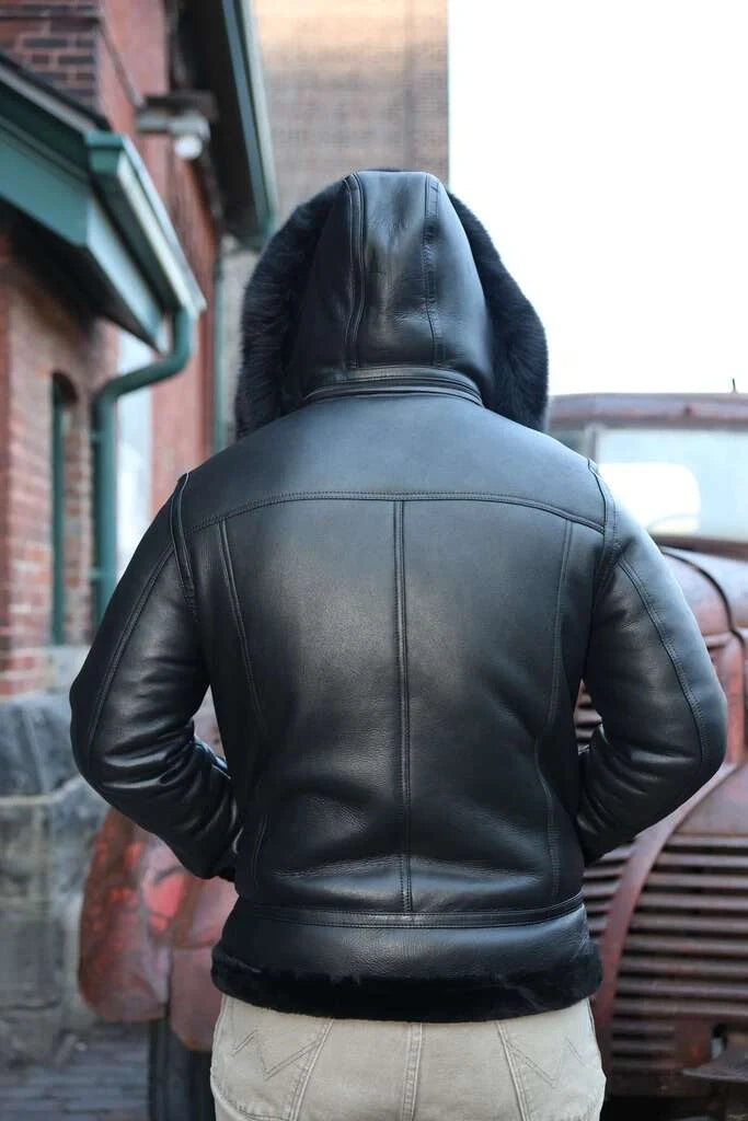 Felix black bomber shearling jacket with hoodie