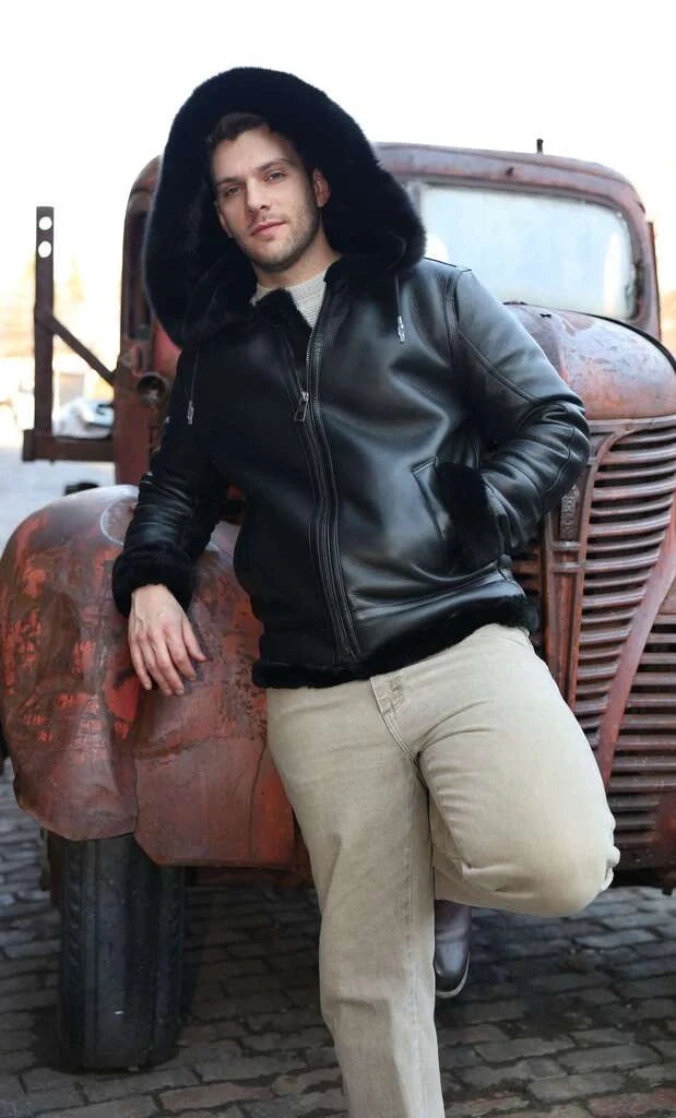 Felix black bomber shearling jacket with hoodie