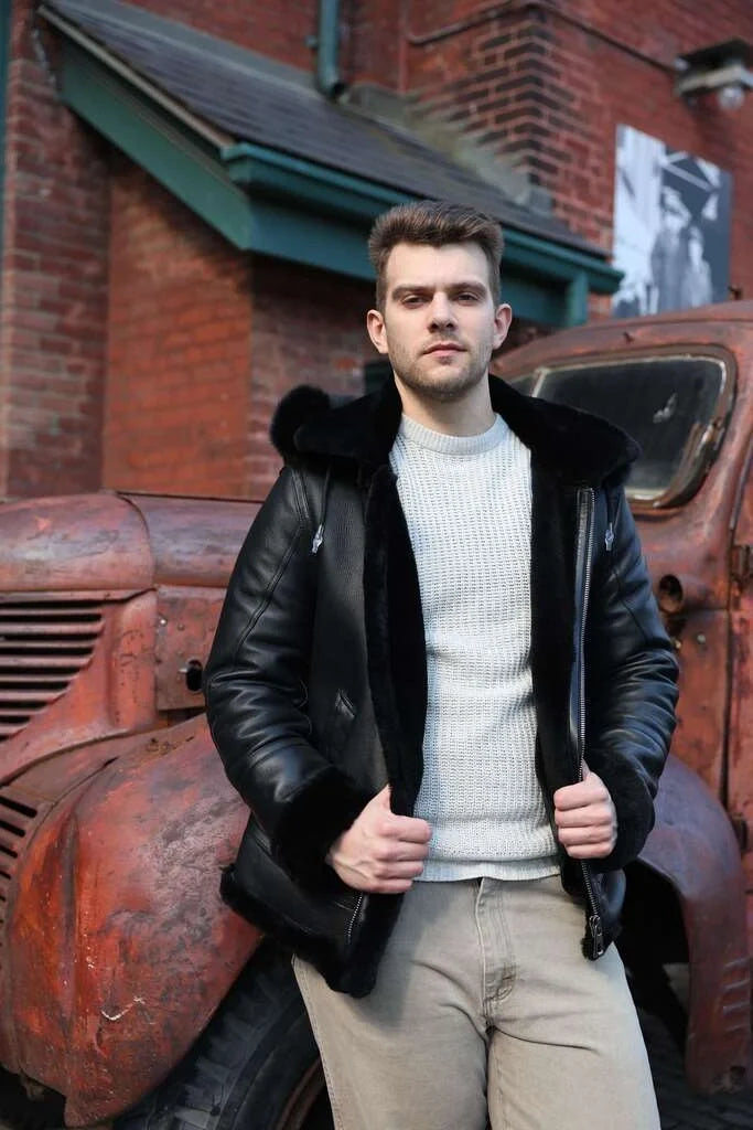 Felix black bomber shearling jacket with hoodie