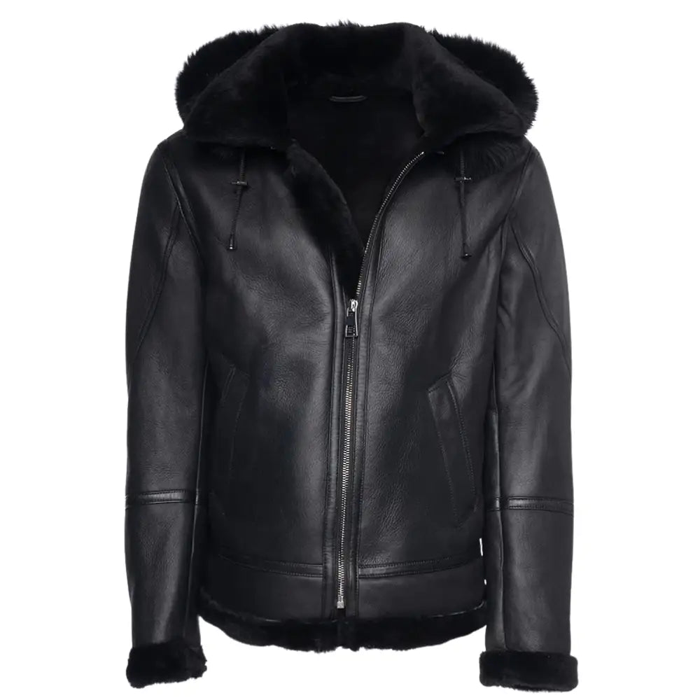 Felix black bomber shearling jacket with hoodie