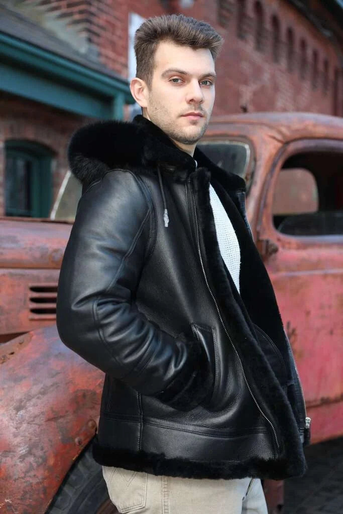 Felix black bomber shearling jacket with hoodie