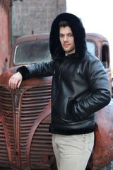 Felix black bomber shearling jacket with hoodie