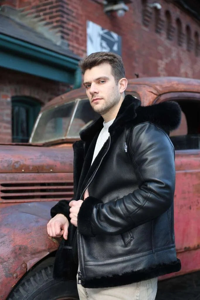 Felix black bomber shearling jacket with hoodie