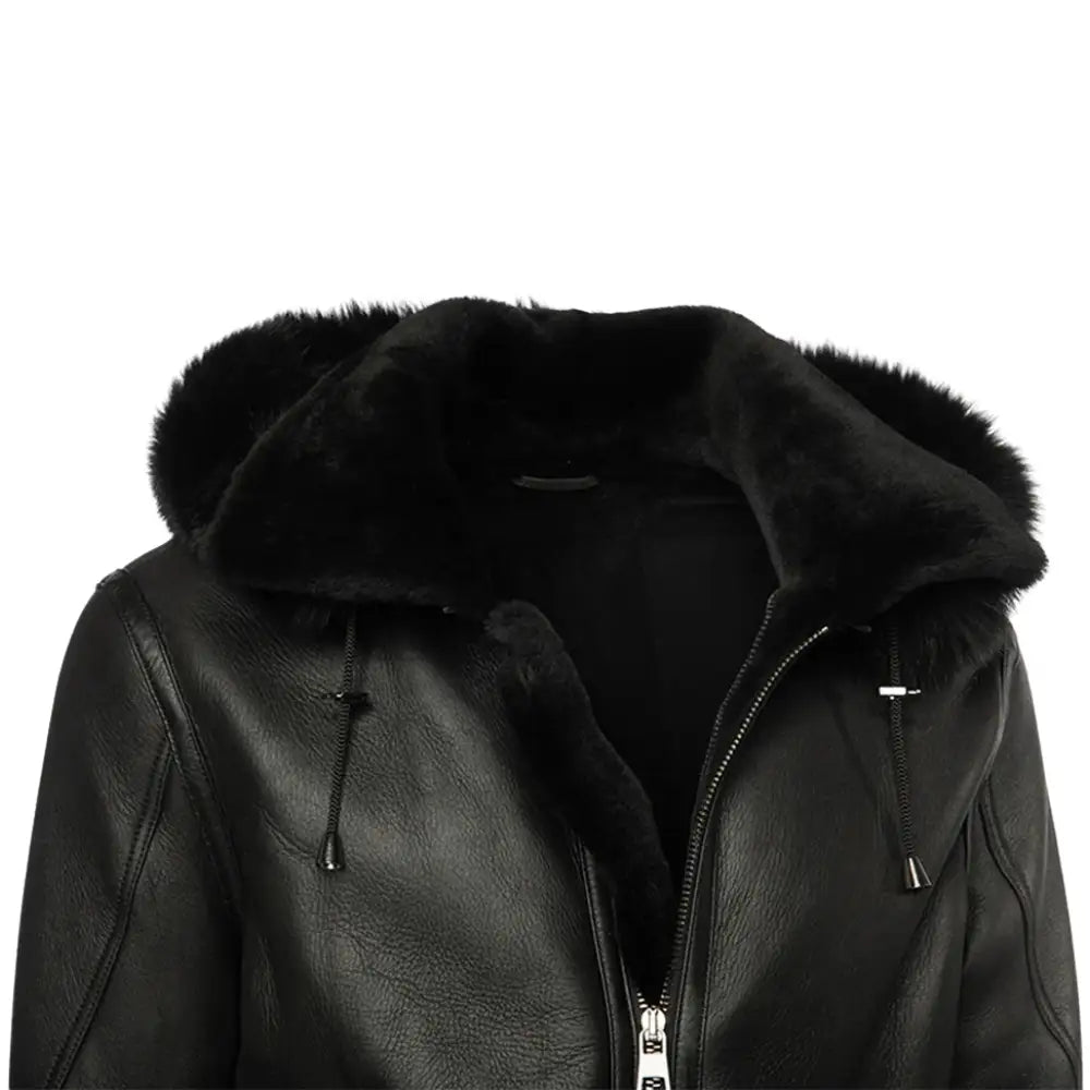 Felix black bomber shearling jacket with hoodie