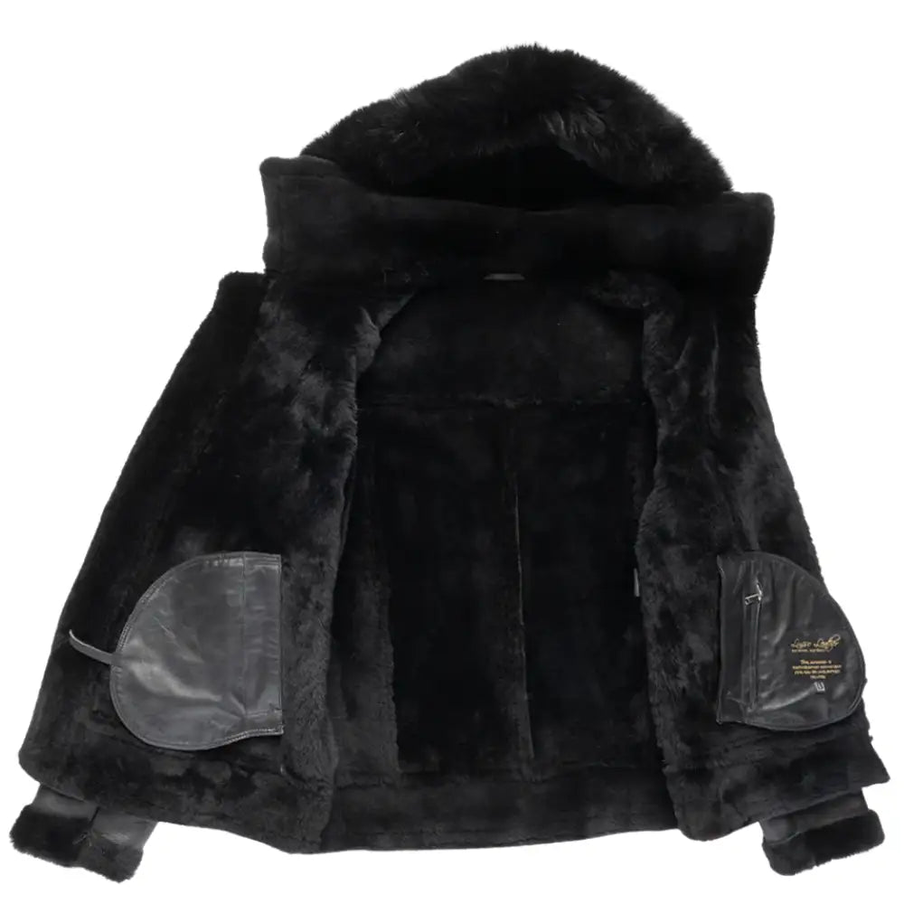 Felix black bomber shearling jacket with hoodie