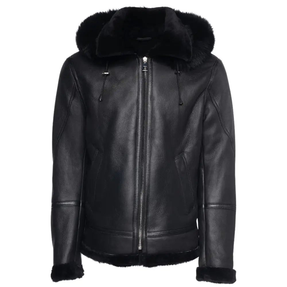 Felix black bomber shearling jacket with hoodie