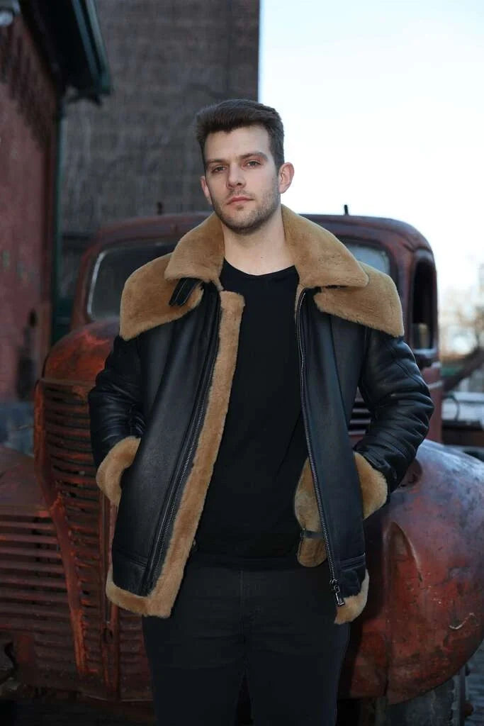 Graysen black Aviator bomber shearling jacket
