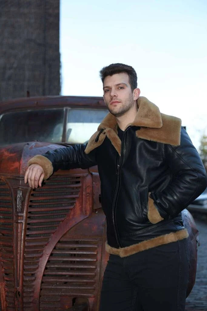 Graysen black Aviator bomber shearling jacket