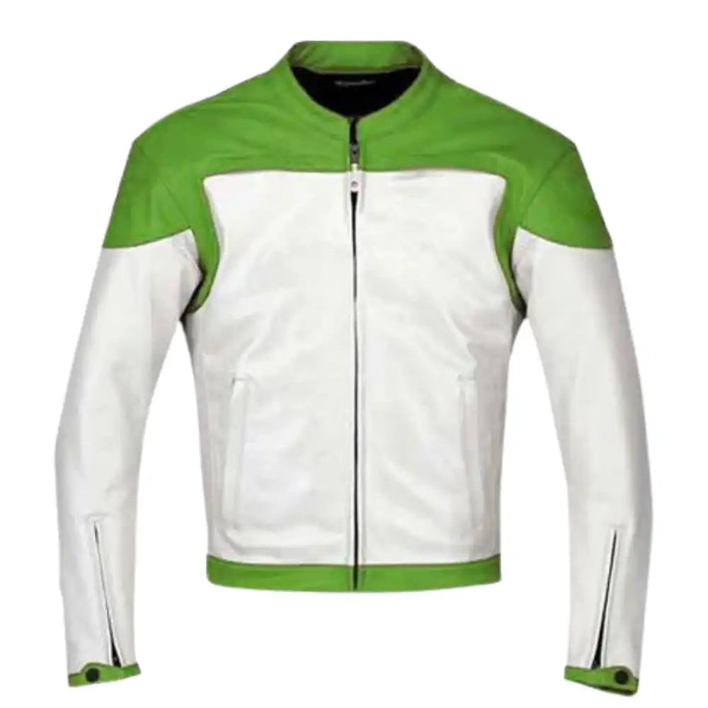 Green & White Armored Leather Motorcycle Jacket