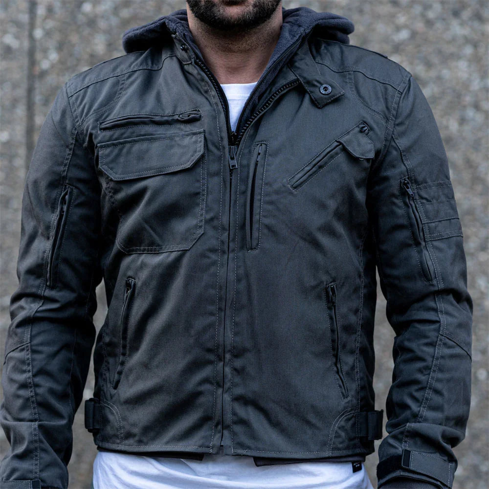 Grey Hooded Air-Ventilation Textile Leather Motorcycle Jacket