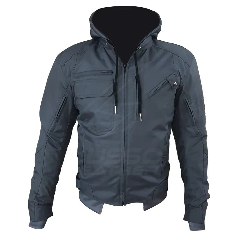 Grey Hooded Air-Ventilation Textile Leather Motorcycle Jacket