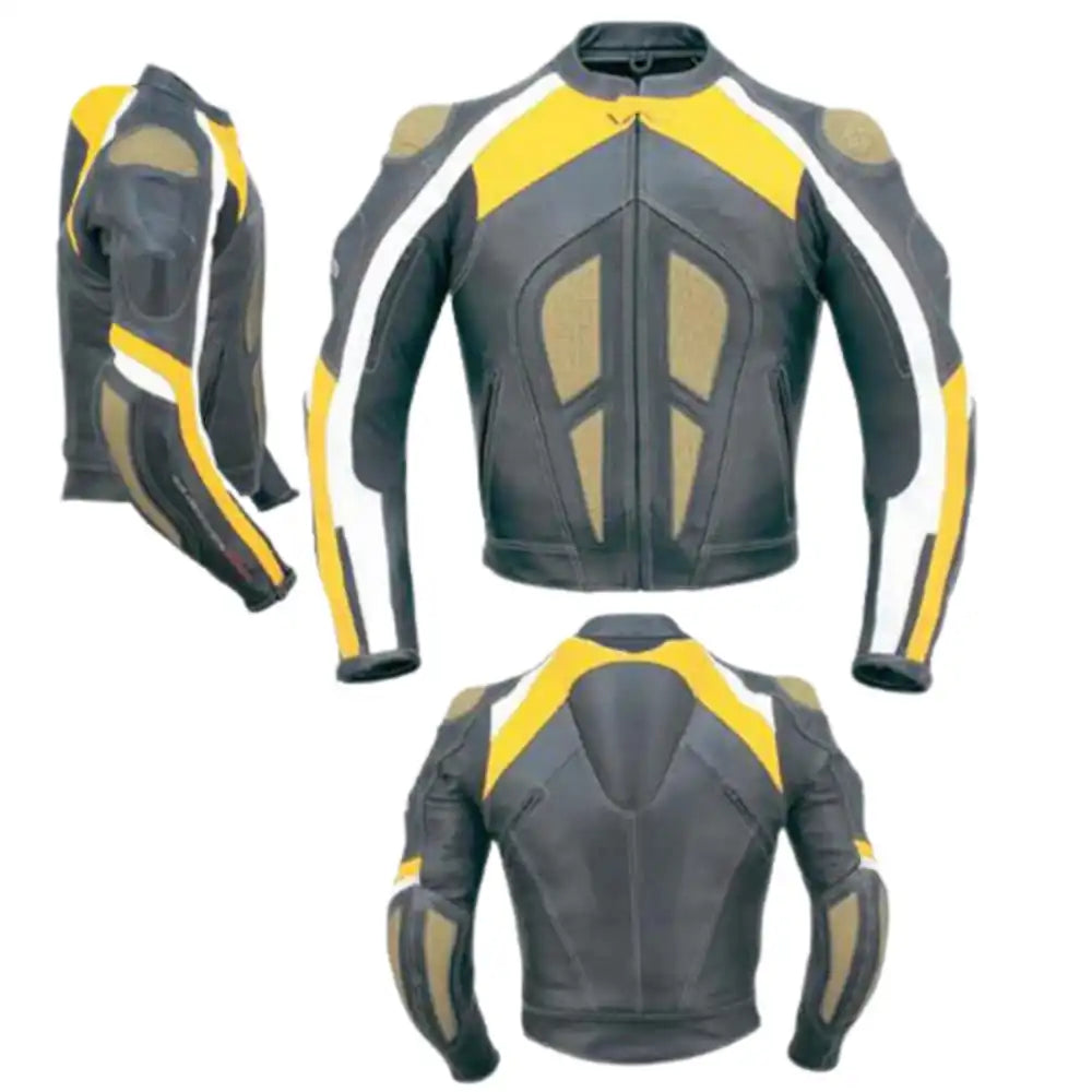 Grey & Yellow Armored Leather Motorcycle Jacket