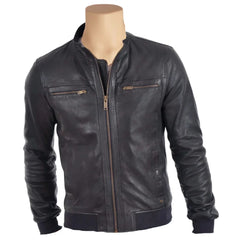 Black Leather Jacket with Ribbed Cuffs and Hem