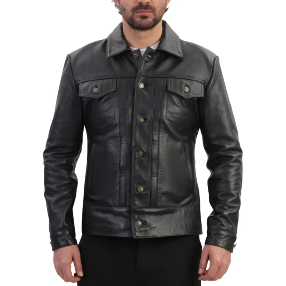 Griff black denim style leather jacket