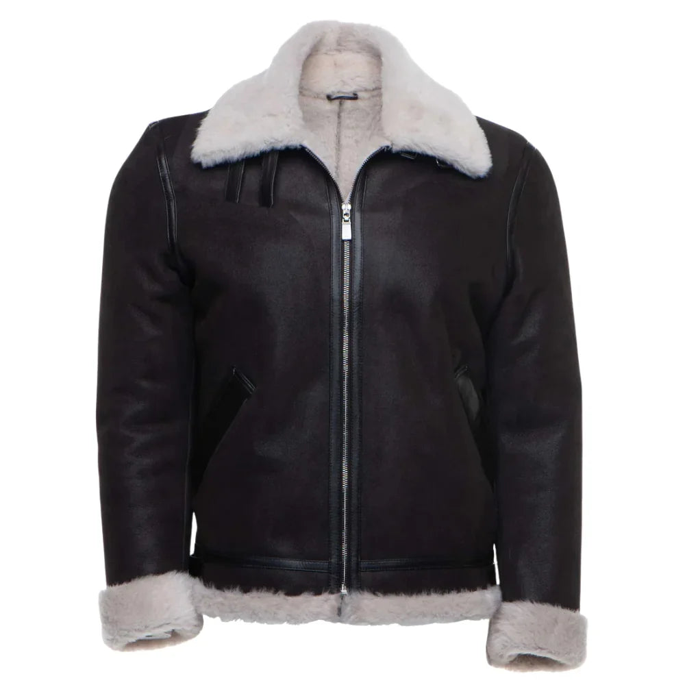 Hampton's Classic Brown B-3 Bomber Aviator Shearling Jacket with collar belt