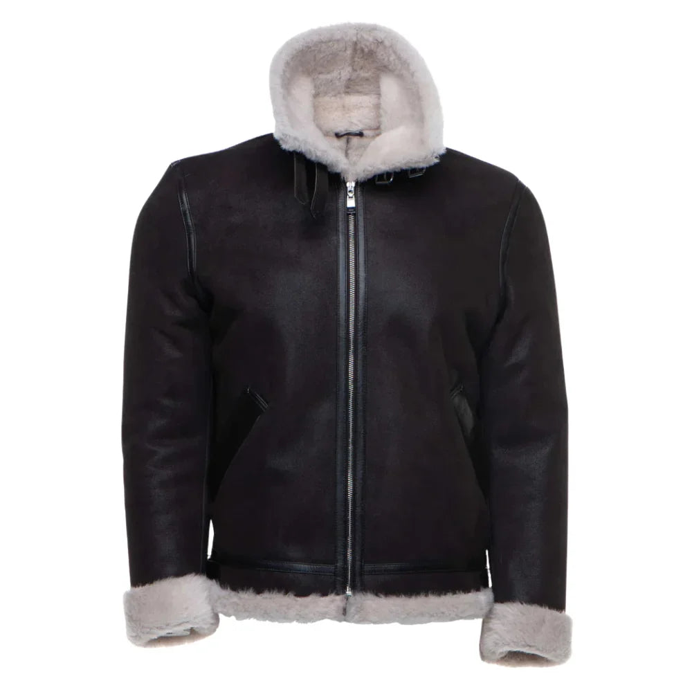 Hampton's Classic Brown B-3 Bomber Aviator Shearling Jacket with collar belt