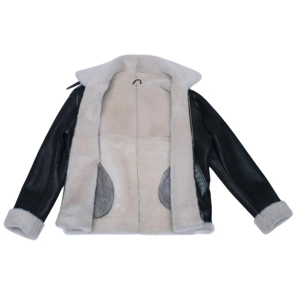 Hampton's Classic Brown B-3 Bomber Aviator Shearling Jacket with collar belt