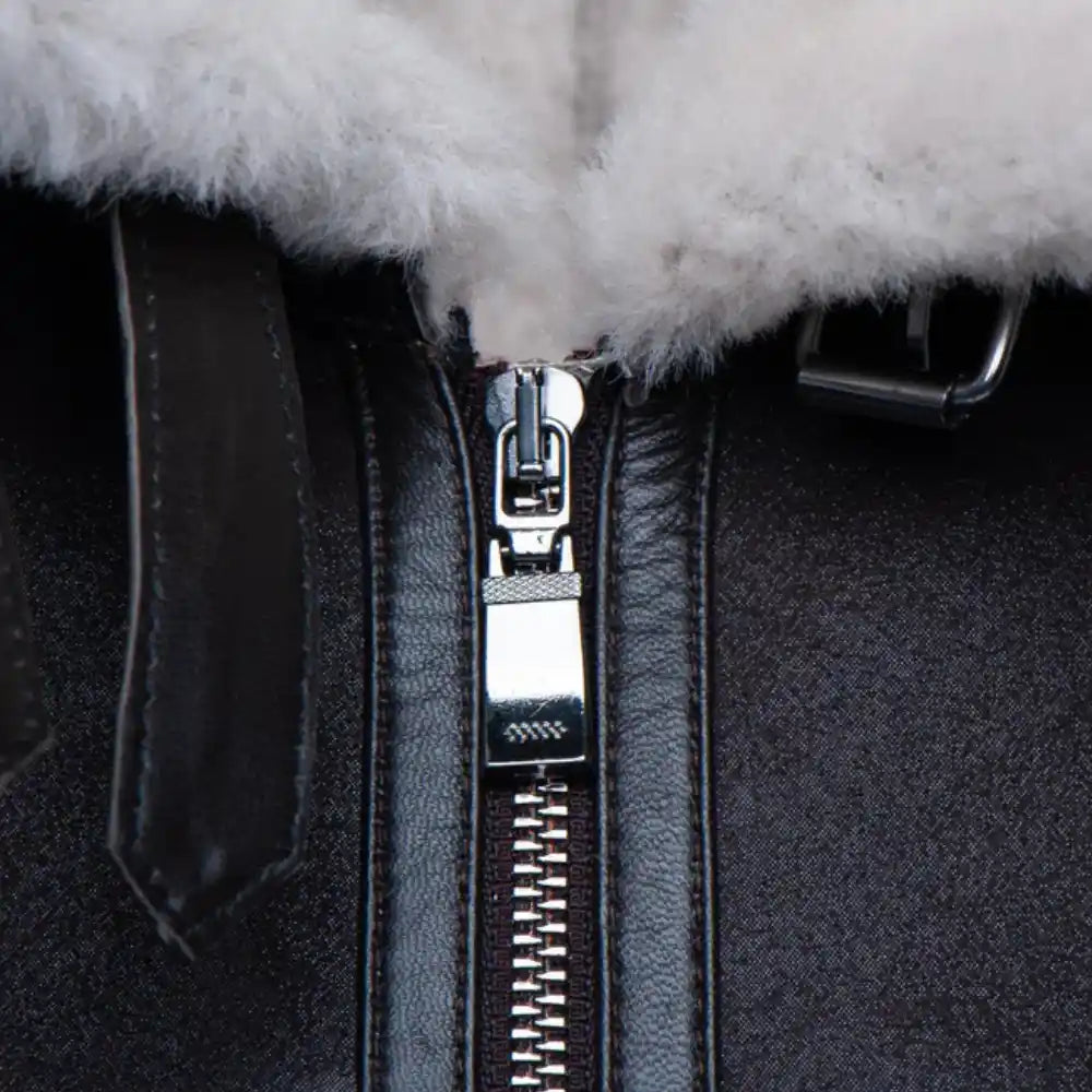 Hampton's Classic Brown B-3 Bomber Aviator Shearling Jacket with collar belt