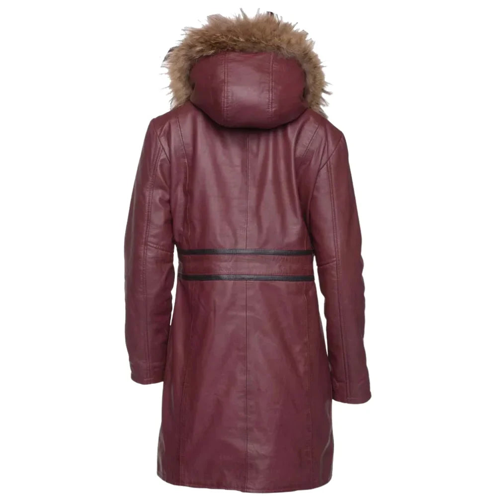 Hannah's Burgundy 3/4 length Double breasted leather jacket with real fox fur hoodie
