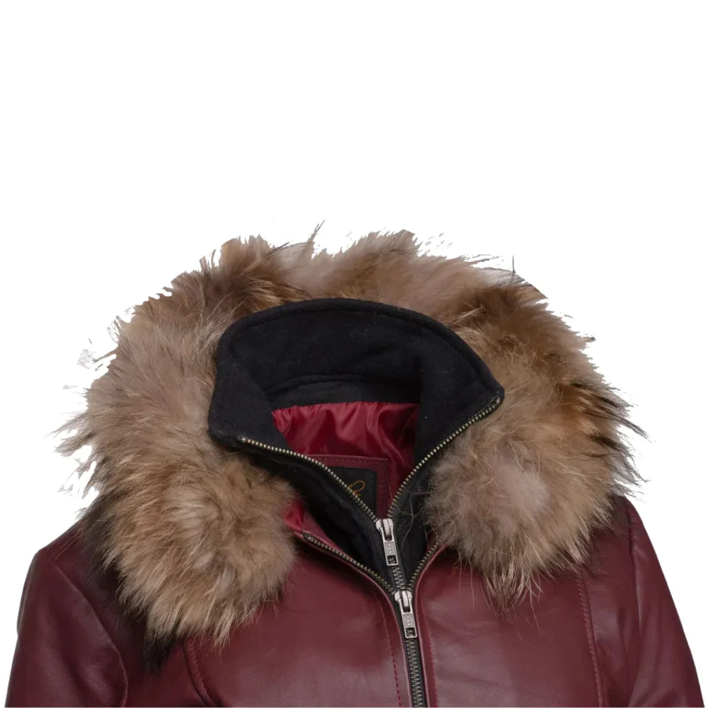 Hannah's Burgundy 3/4 length Double breasted leather jacket with real fox fur hoodie