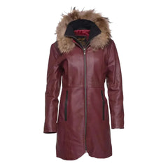 Hannah's Burgundy 3/4 length Double breasted leather jacket with real fox fur hoodie