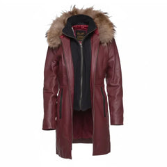 Hannah's Burgundy 3/4 length Double breasted leather jacket with real fox fur hoodie