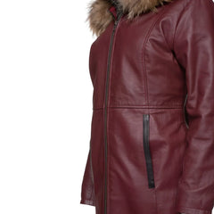 Hannah's Burgundy 3/4 length Double breasted leather jacket with real fox fur hoodie
