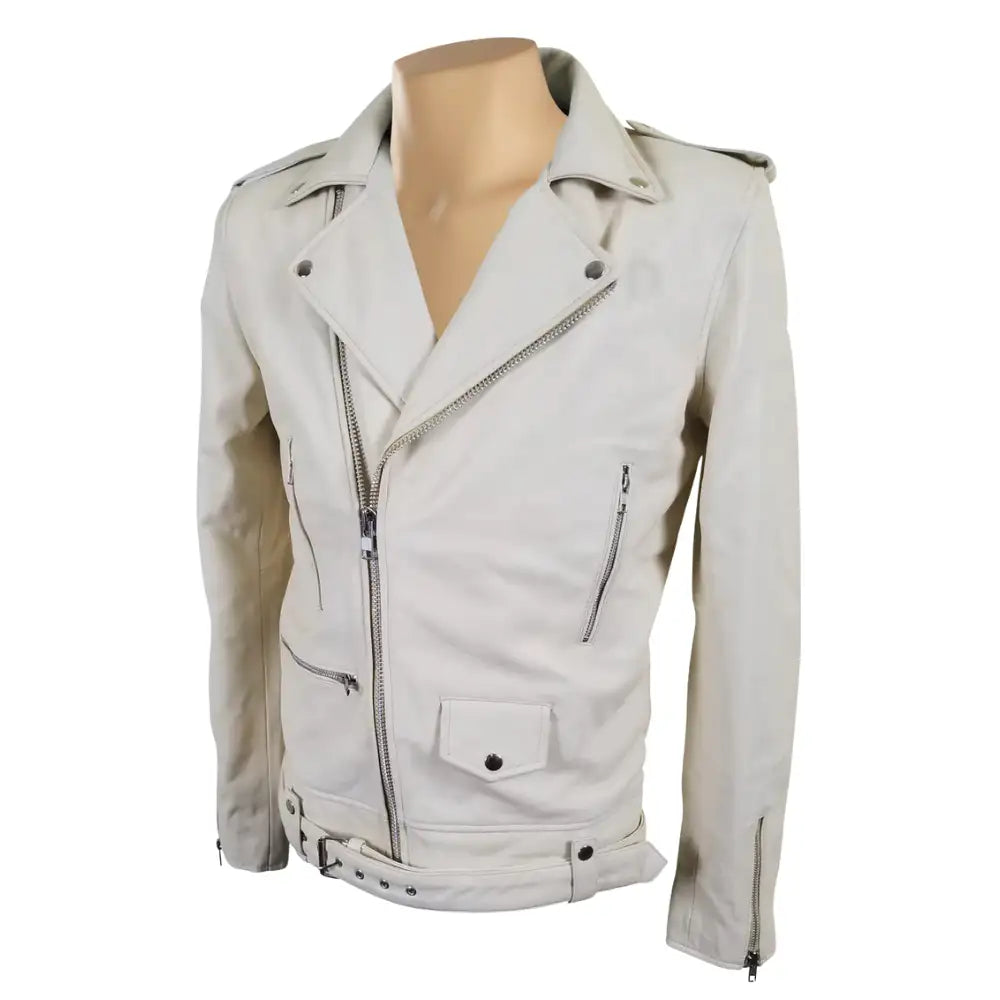 Holman's Cream Belted Leather Biker Jacket