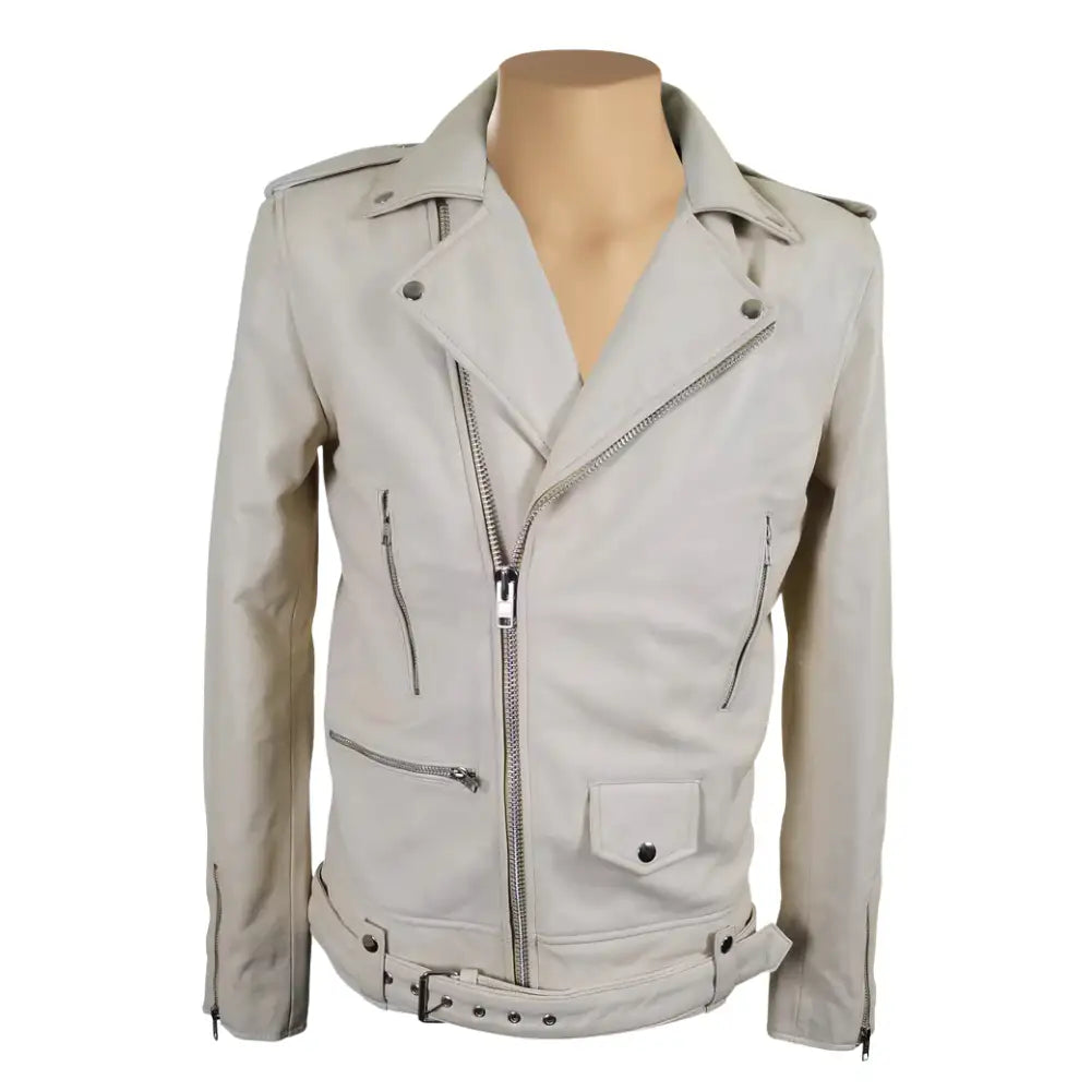 Holman's Cream Belted Leather Biker Jacket