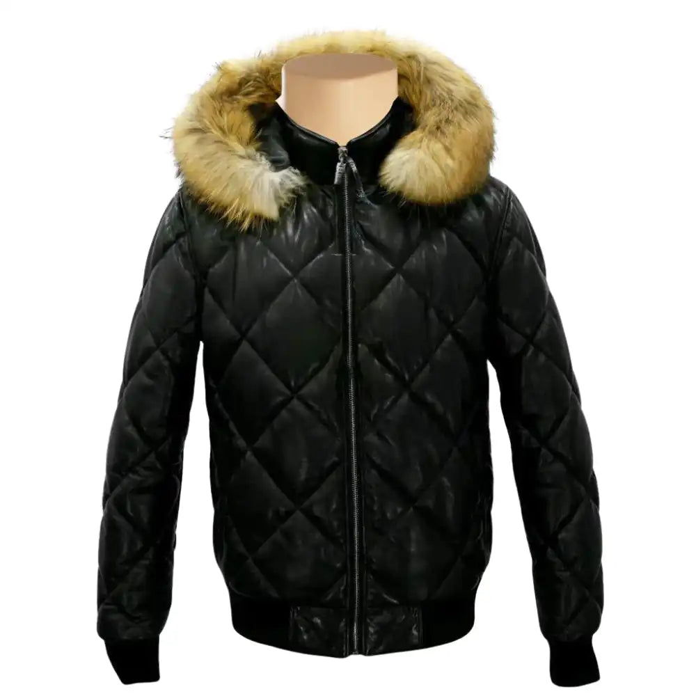 Joel Diamond Quilted & Hooded Leather Puffer Jacket