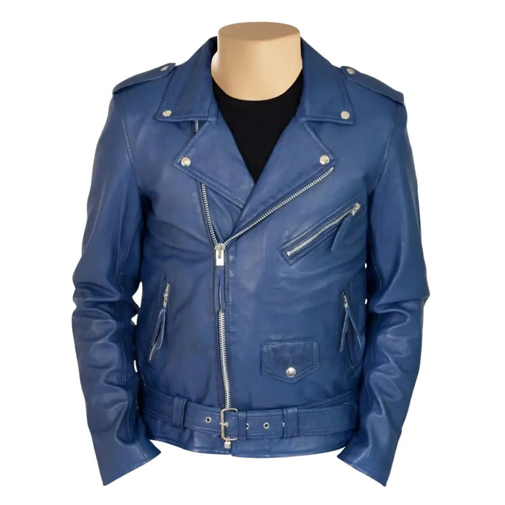 Kain Blue Belted Leather Biker Jacket