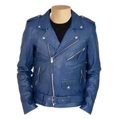 Kain Blue Belted Leather Biker Jacket