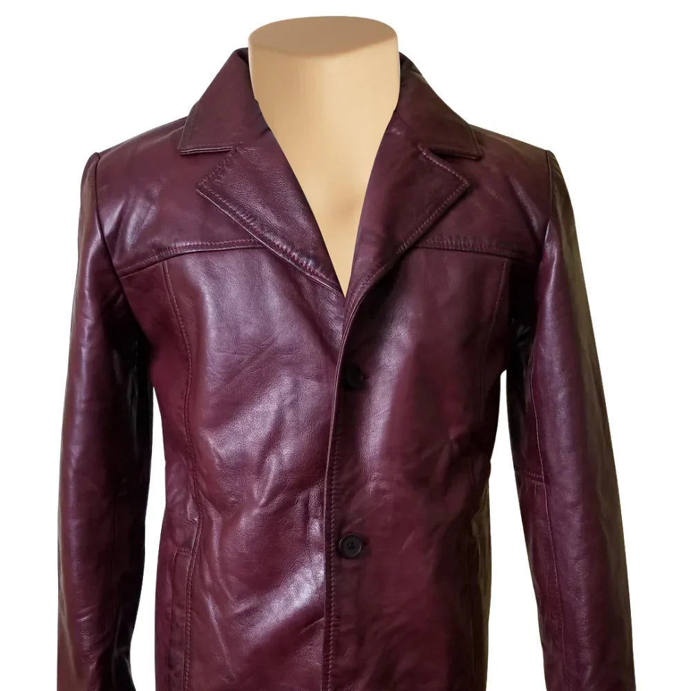 Krueger's maroon buttoned leather blazer