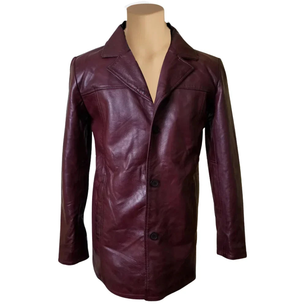 Krueger's maroon buttoned leather blazer