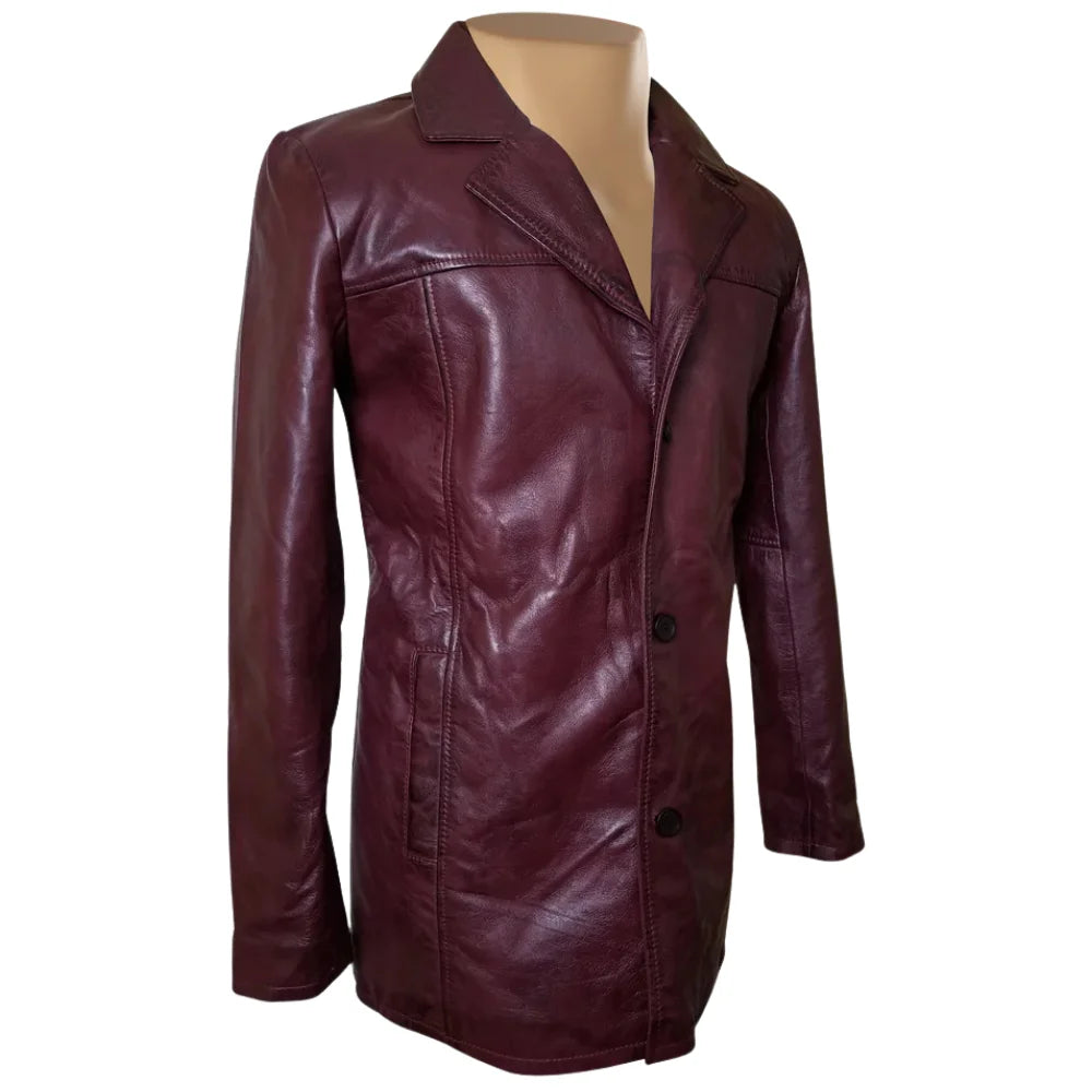 Krueger's maroon buttoned leather blazer