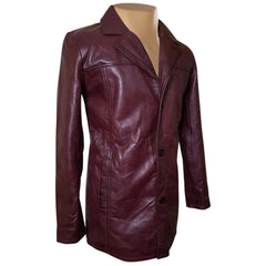 Krueger's maroon buttoned leather blazer