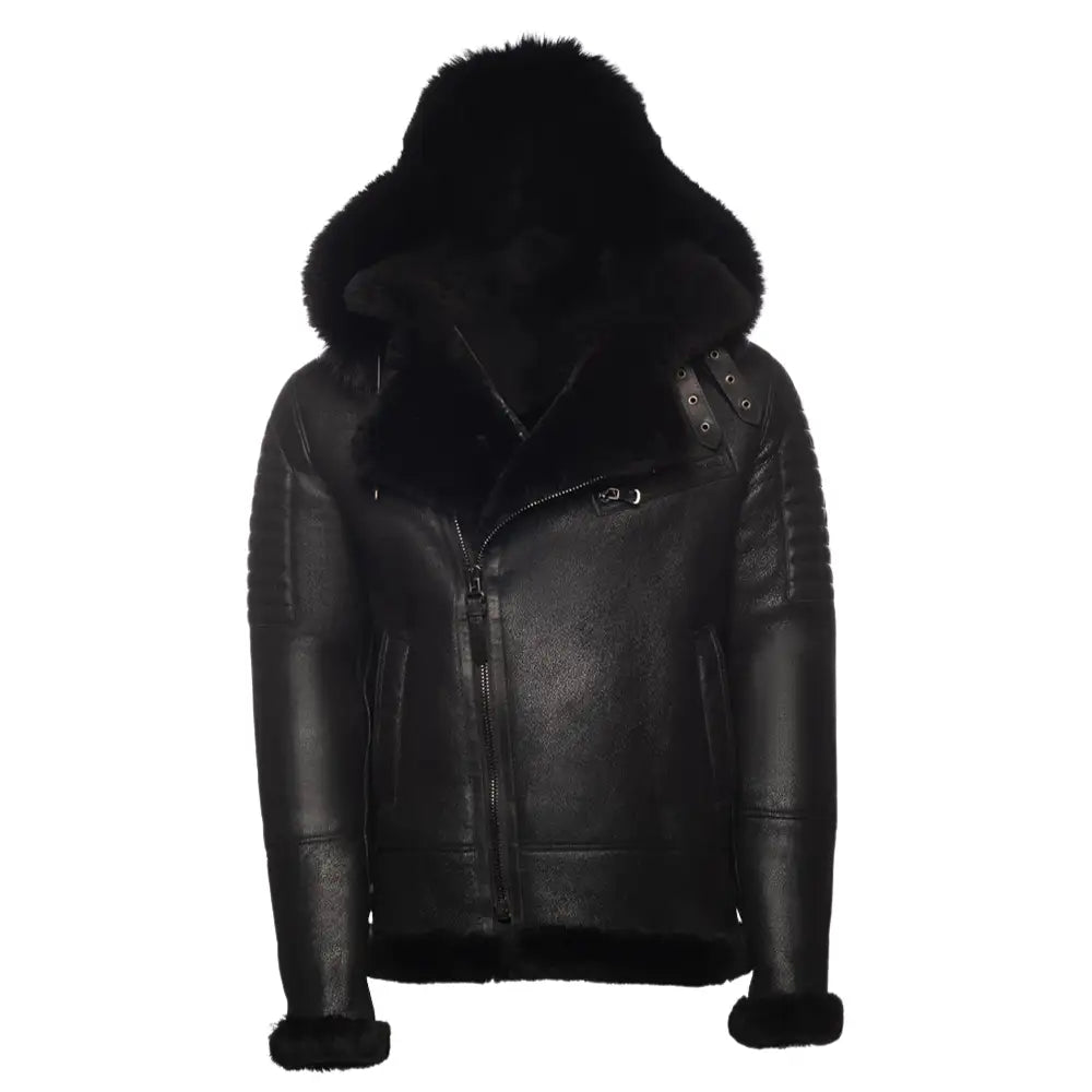 Lucas Black Aviator bomber shearling jacket with Hoodie