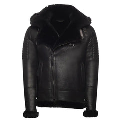 Lucas Black Aviator bomber shearling jacket with Hoodie