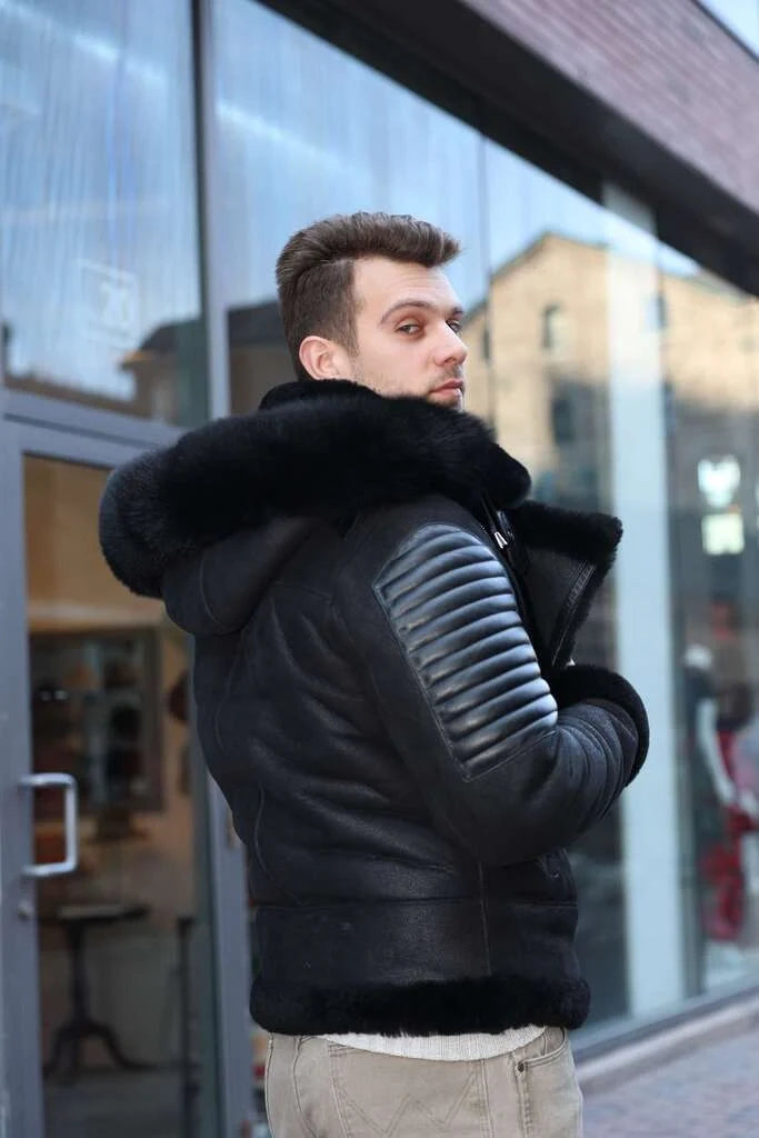 Lucas Black Aviator bomber shearling jacket with Hoodie