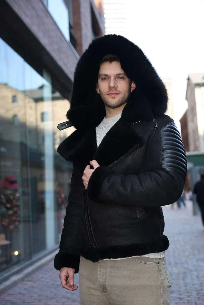 Lucas Black Aviator bomber shearling jacket with Hoodie
