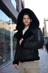 Lucas Black Aviator bomber shearling jacket with Hoodie