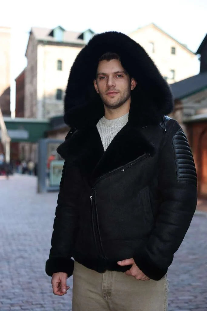 Lucas Black Aviator bomber shearling jacket with Hoodie