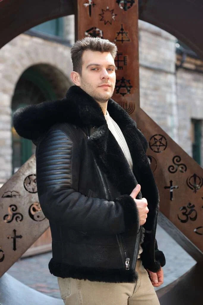 Lucas Black Aviator bomber shearling jacket with Hoodie