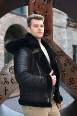 Lucas Black Aviator bomber shearling jacket with Hoodie