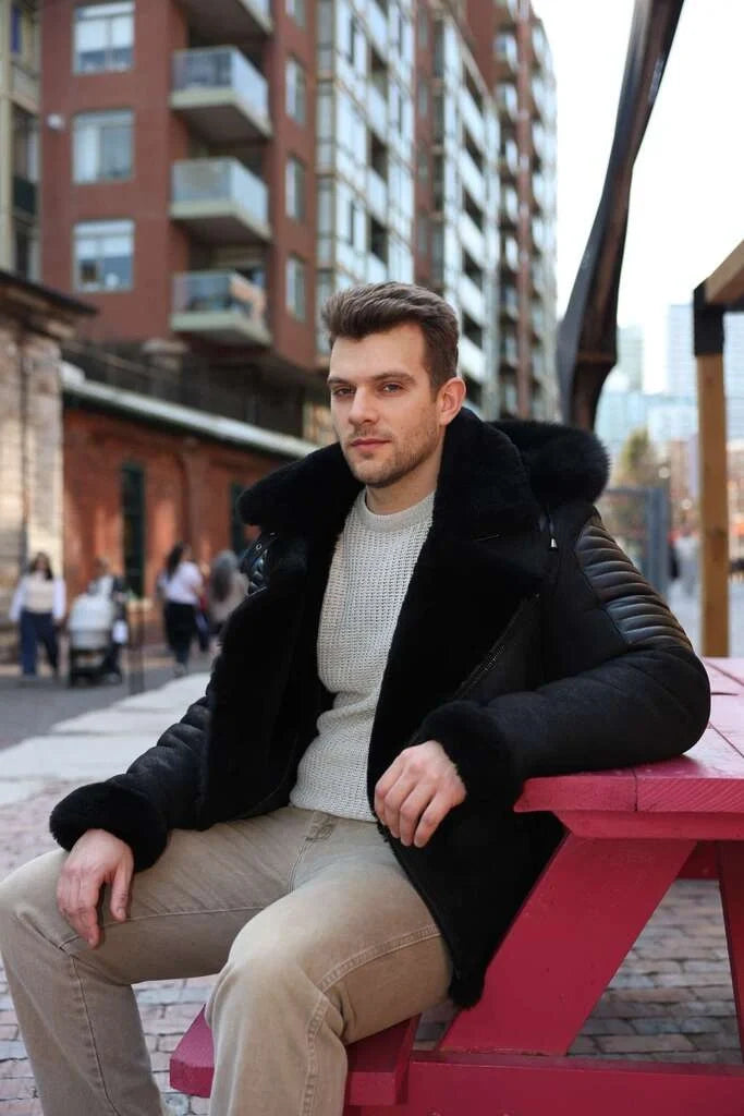 Lucas Black Aviator bomber shearling jacket with Hoodie