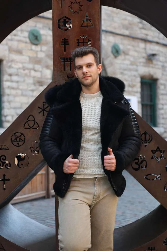 Lucas Black Aviator bomber shearling jacket with Hoodie