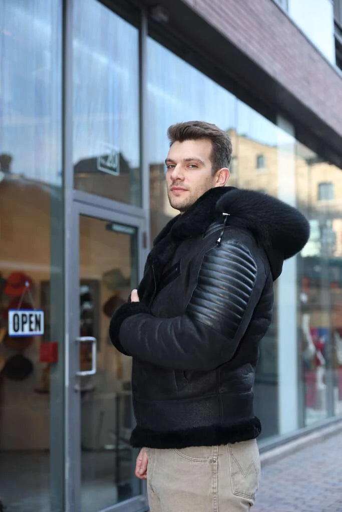 Lucas Black Aviator bomber shearling jacket with Hoodie
